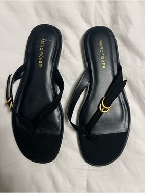 Marc Fisher Black Thong Sandals with Gold Buckle Detail